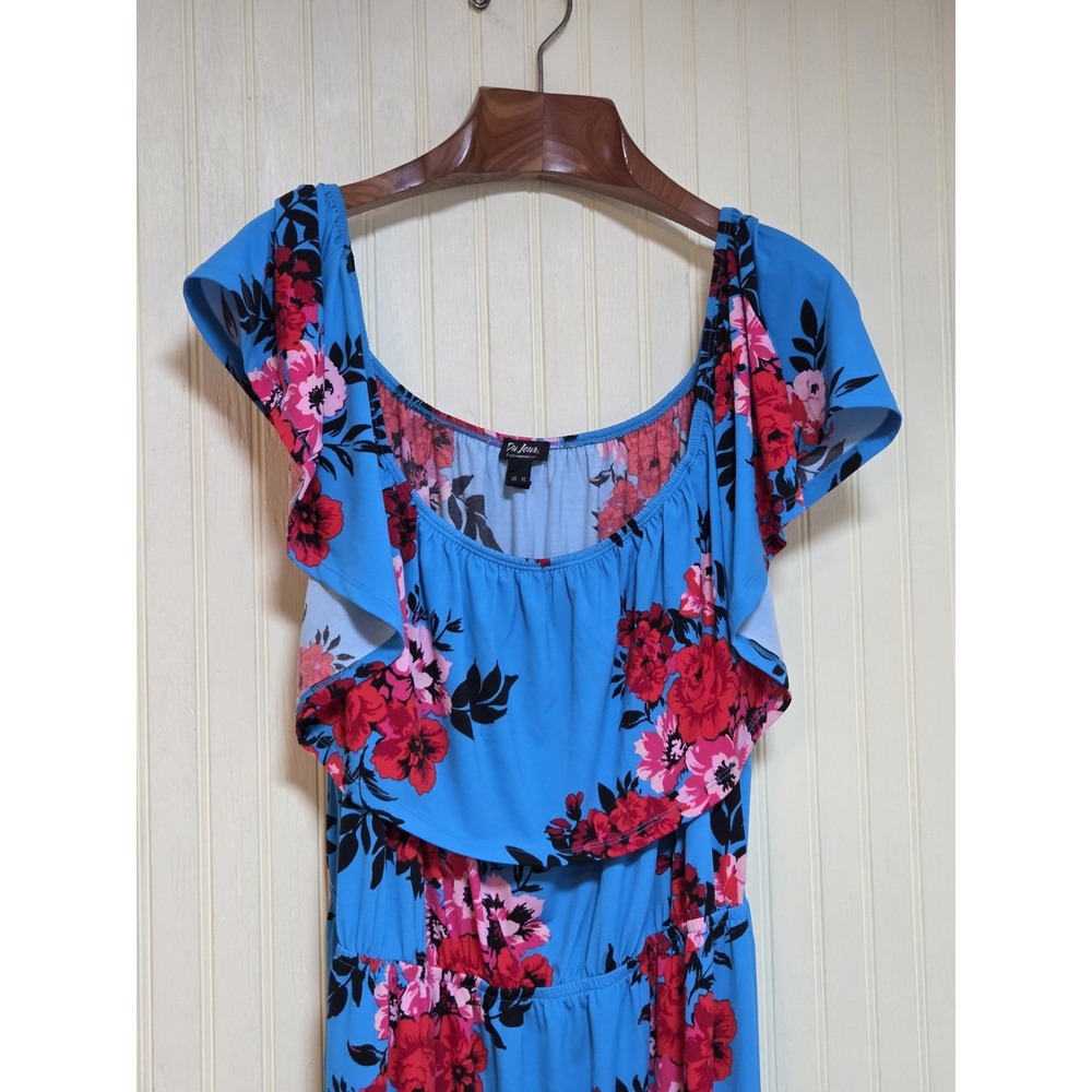Du Jour Dress Womens XL Blue Floral Ruffle Sleeve Scoop Neck‎ Midi Stretch Knit